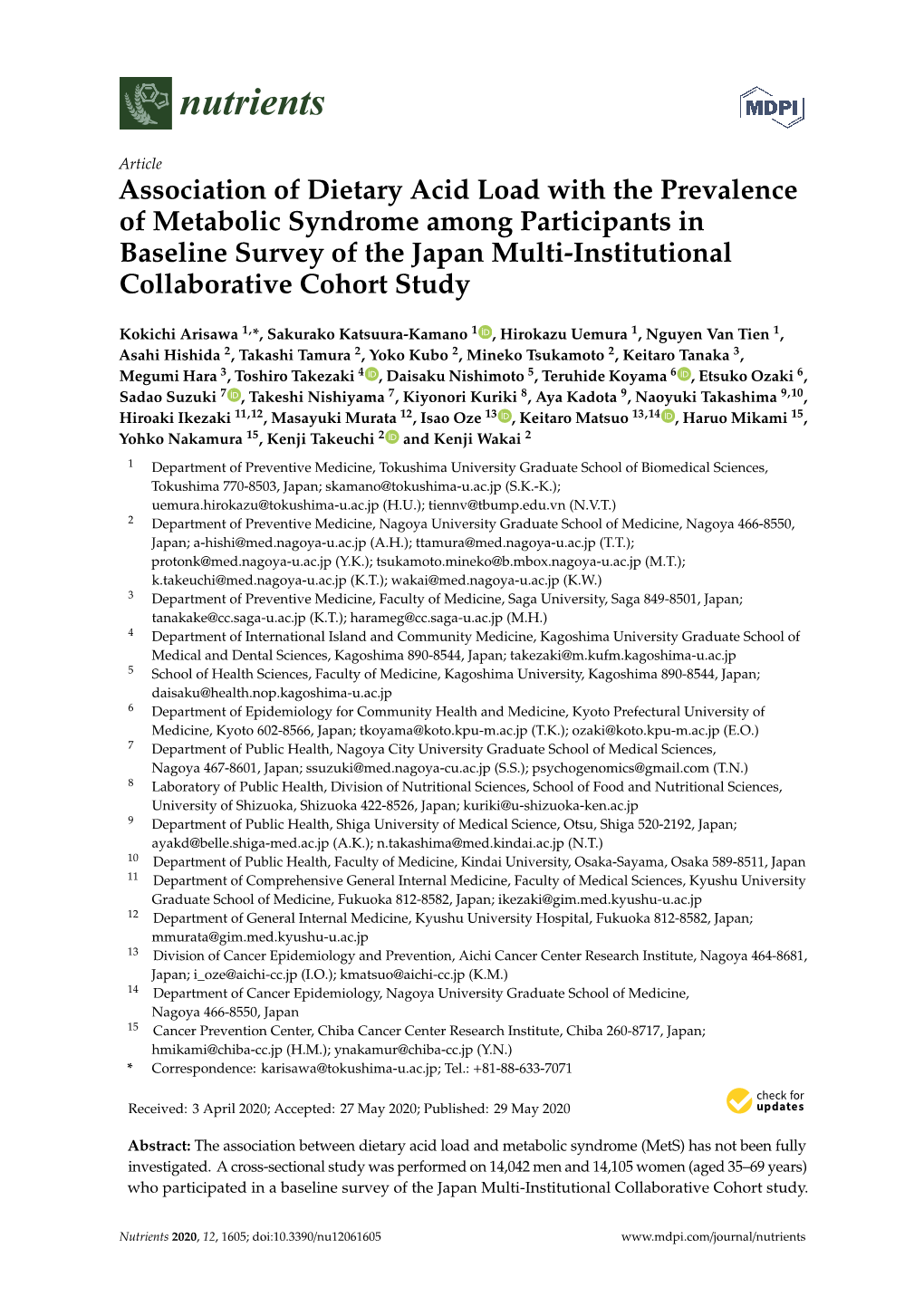 Association of Dietary Acid Load with the Prevalence of Metabolic Syndrome Among Participants in Baseline Survey of the Japan Multi-Institutional Collaborative Cohort Study