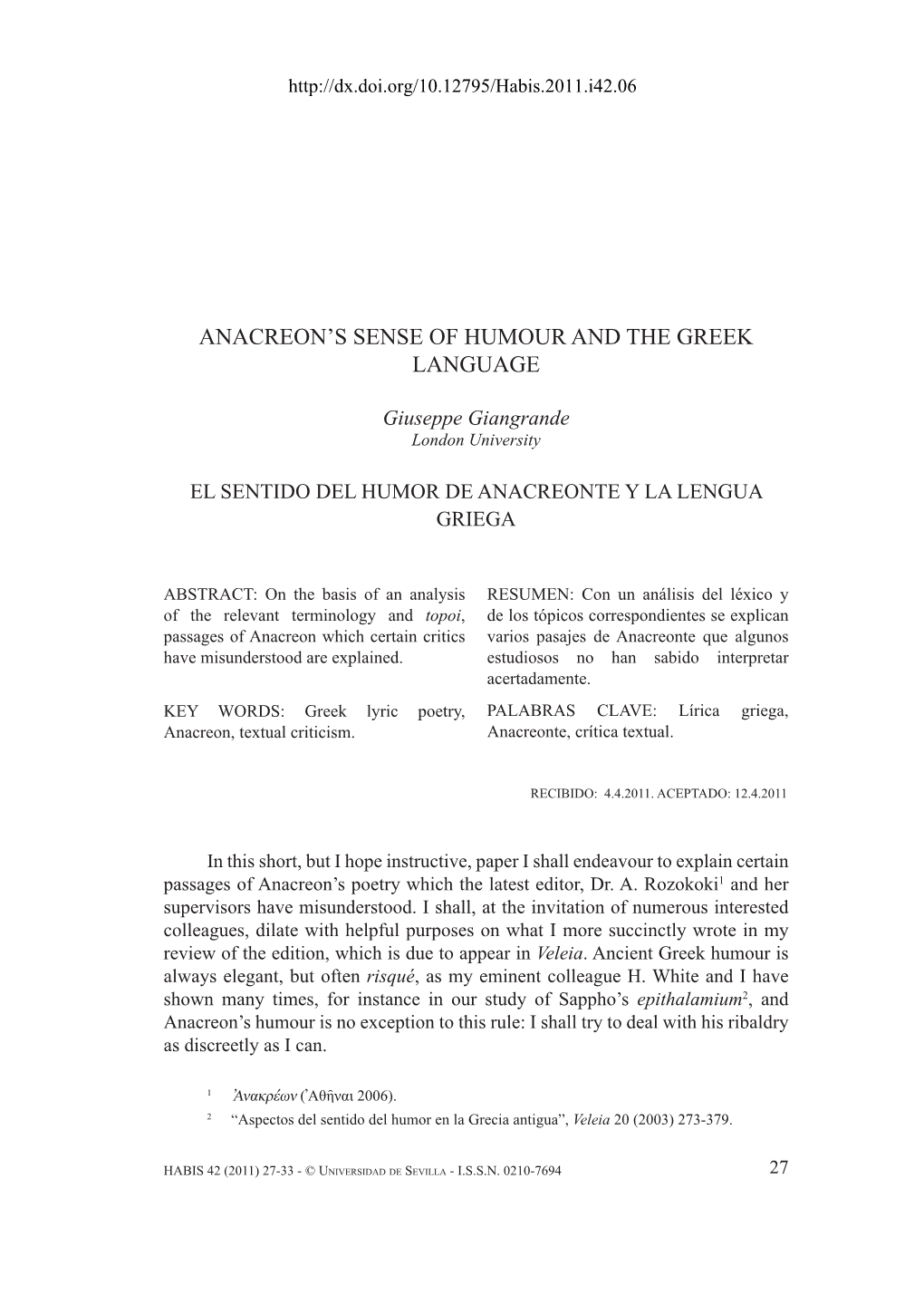 Anacreon's Sense of Humour and the Greek Language