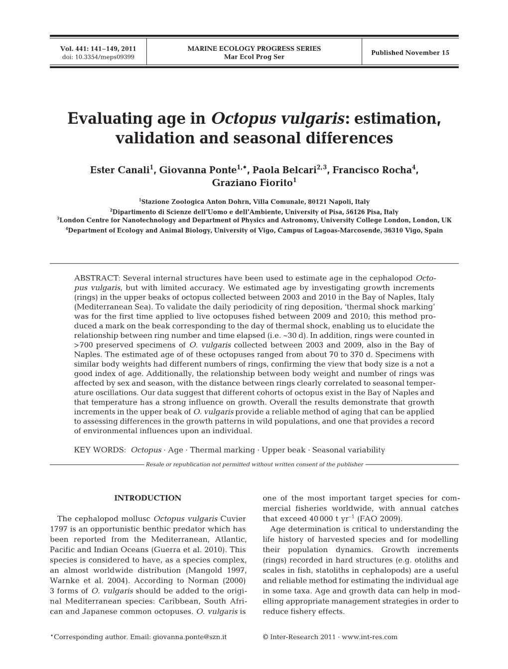 Evaluating Age in Octopus Vulgaris: Estimation, Validation and Seasonal Differences