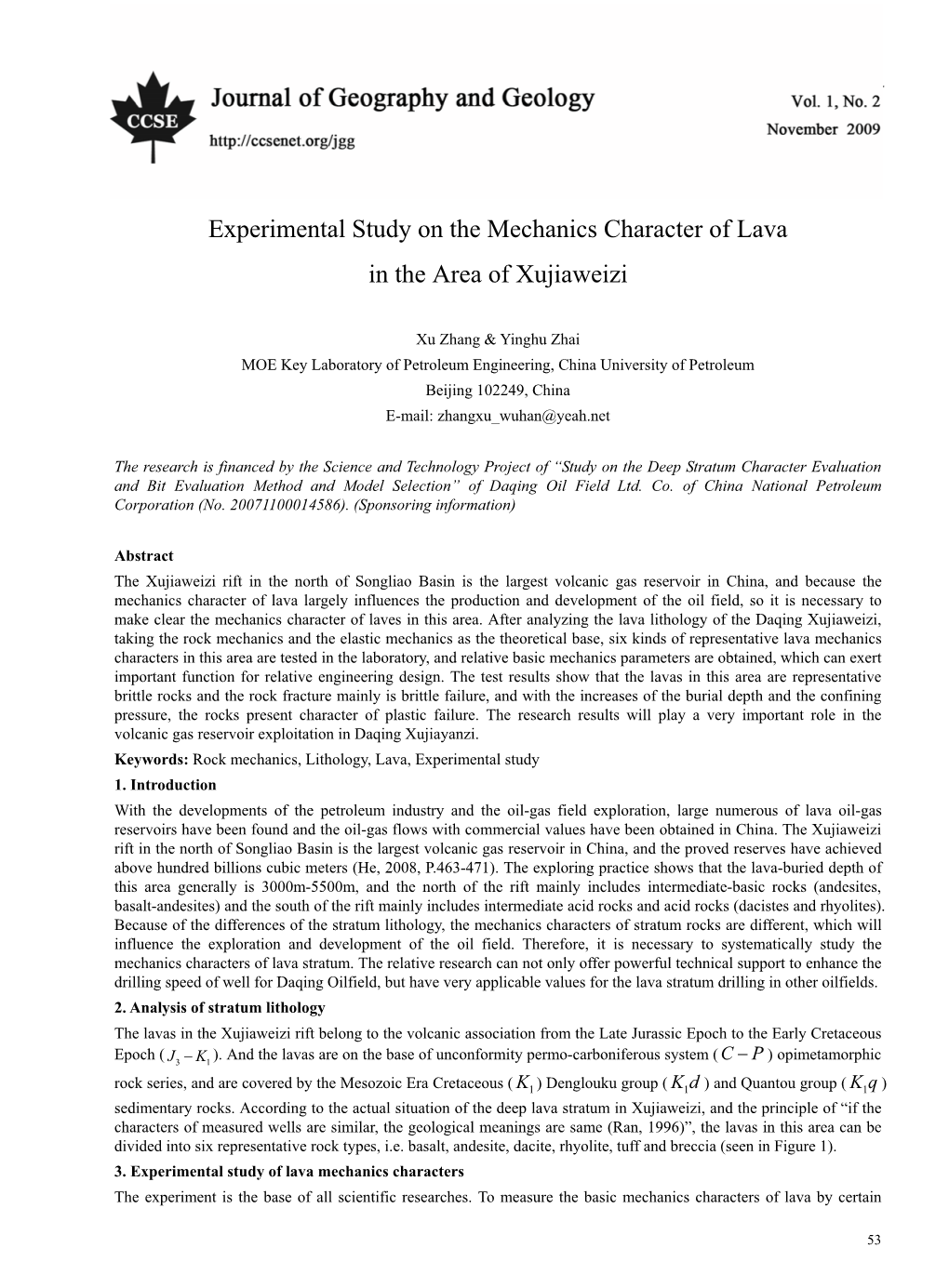 Experimental Study on the Mechanics Character of Lava in the Area of Xujiaweizi