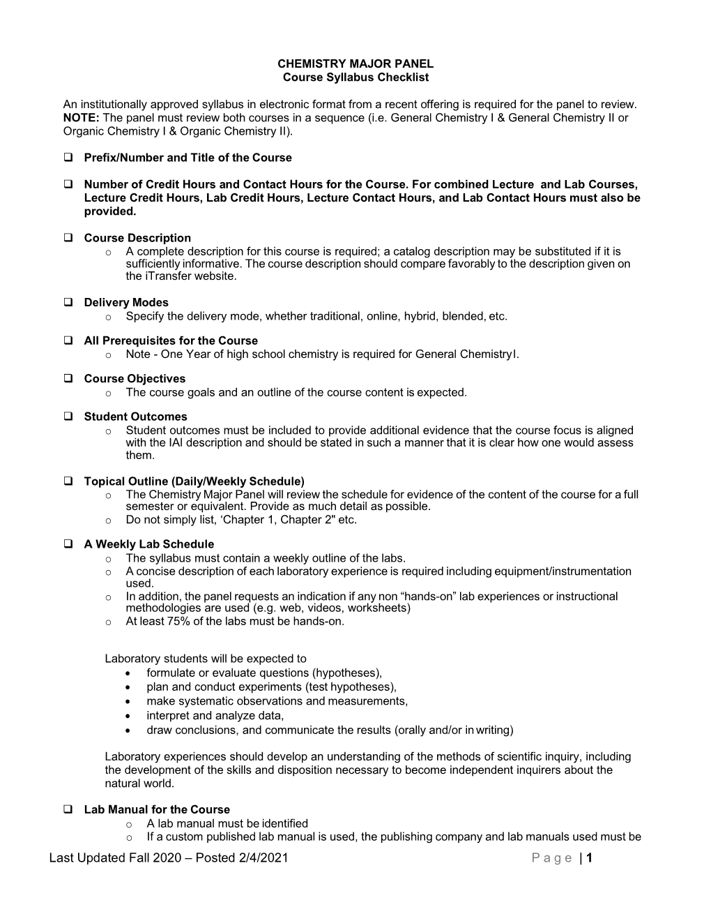 CHEMISTRY MAJOR PANEL Course Syllabus Checklist