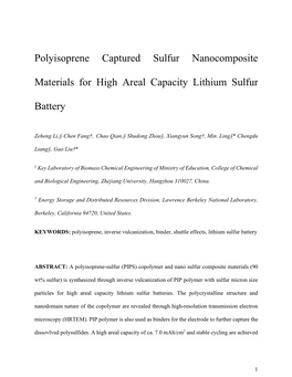 Polyisoprene Captured Sulfur Nanocomposite Materials for High Areal Capacity Lithium Sulfur Battery