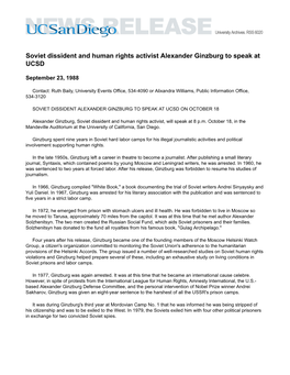 Soviet Dissident and Human Rights Activist Alexander Ginzburg to Speak at UCSD