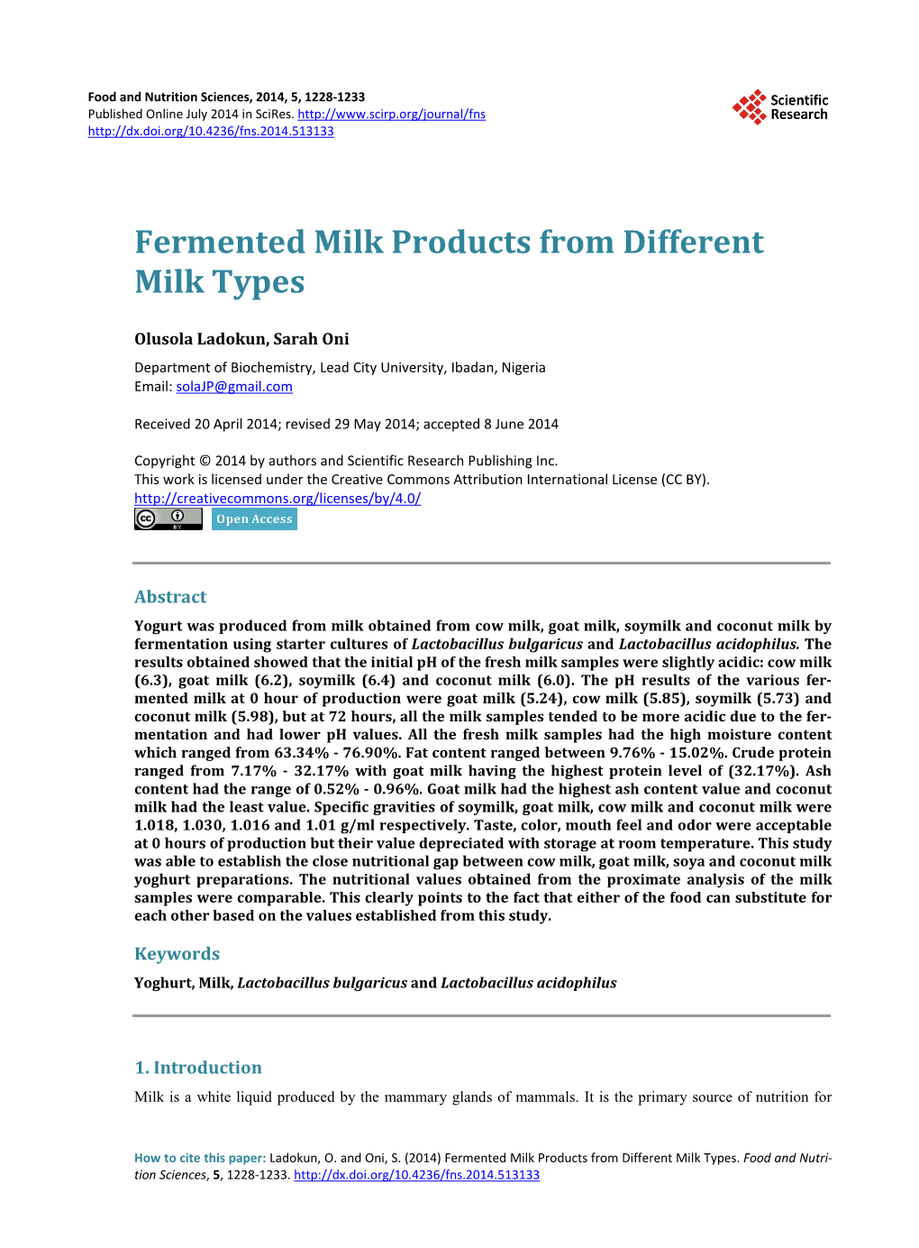 Fermented Milk Products from Different Milk Types