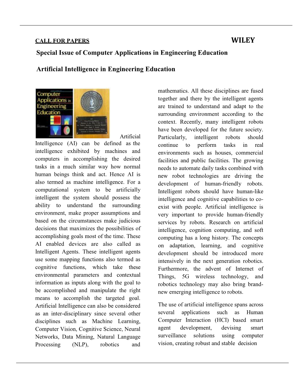 Artificial Intelligence in Engineering Education Special Issue Of