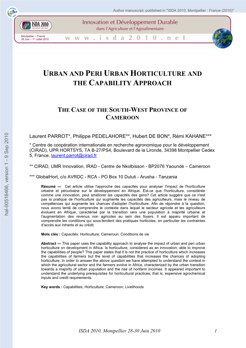 [Hal-00516466, V1] URBAN and PERI URBAN HORTICULTURE AND