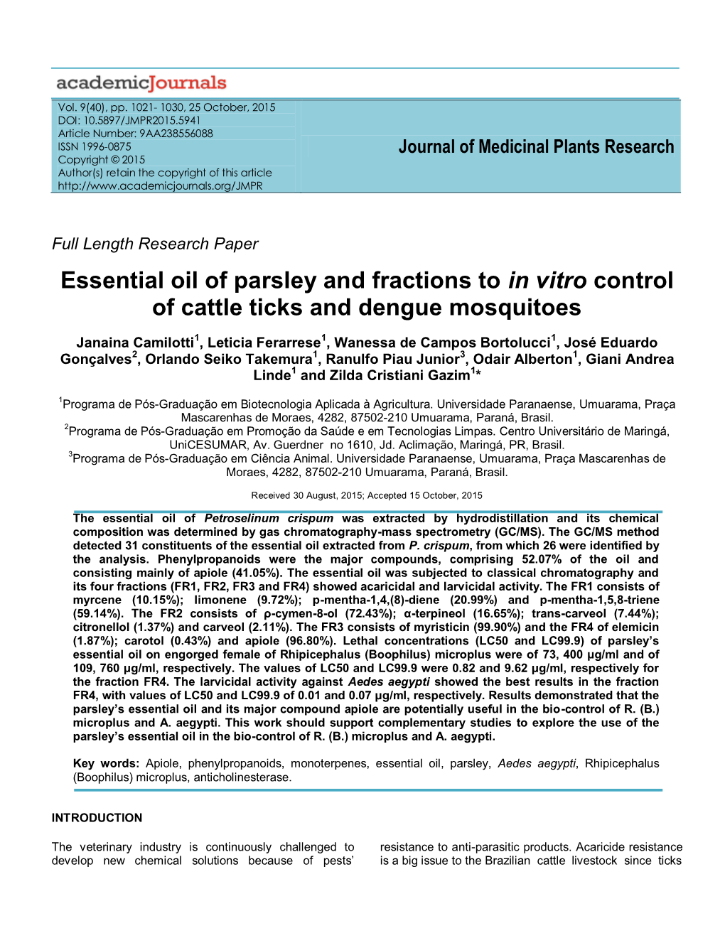 Essential Oil of Parsley and Fractions to in Vitro Control of Cattle Ticks and Dengue Mosquitoes