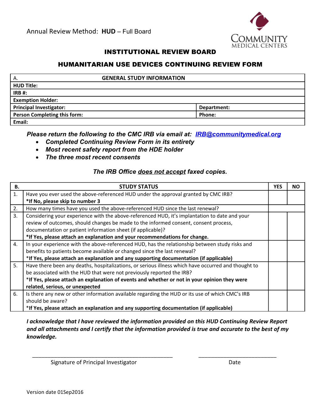 Humanitarian Use Devices Continuing Review Form