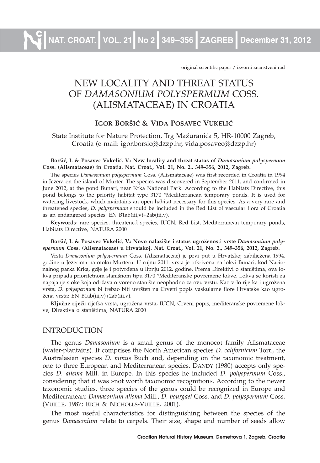 New Locality and Threat Status of Damasonium Polyspermum Coss