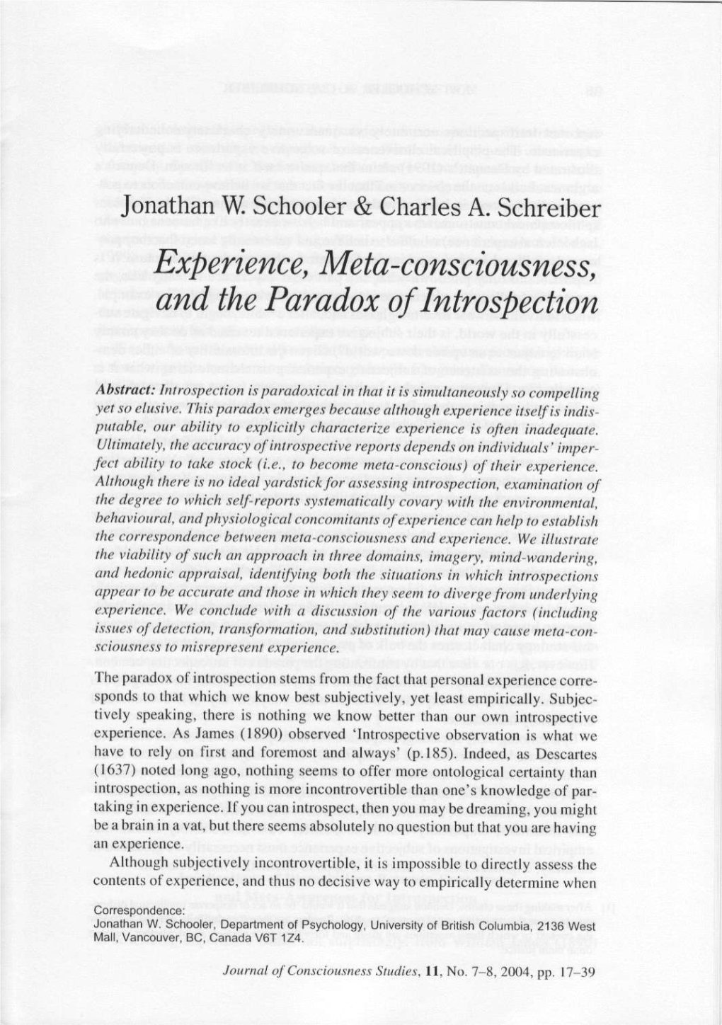 Experience, Meta-Consciousness, and the Paradox of Introspection