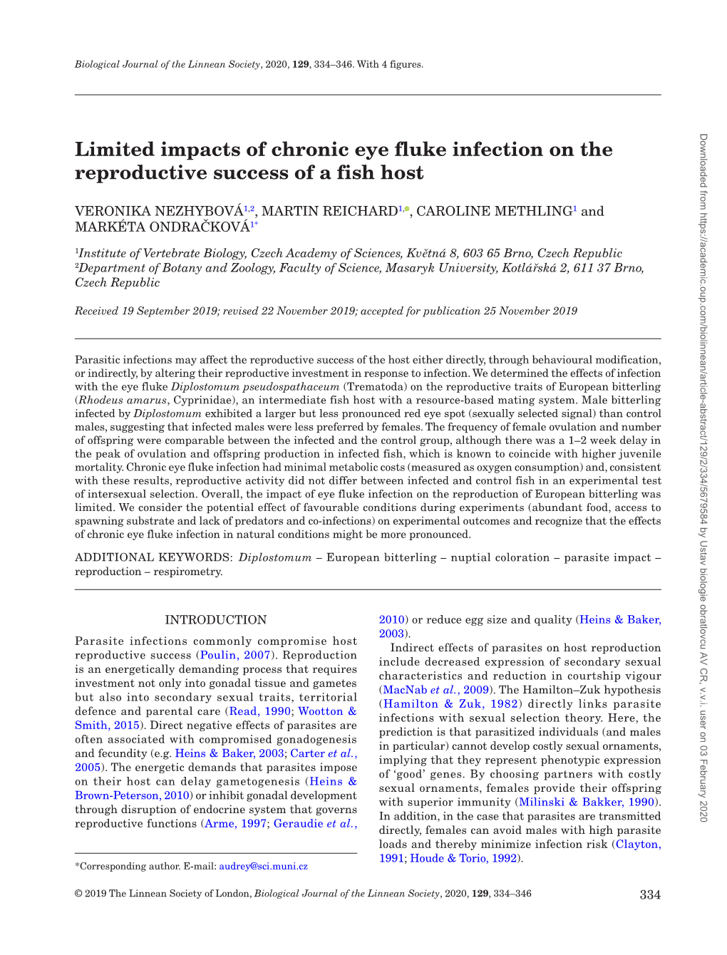 Limited Impacts of Chronic Eye Fluke Infection on the Reproductive Success of a Fish Host
