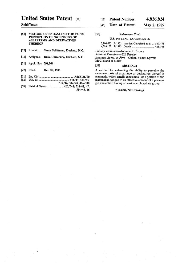 United States Patent (19) 11 Patent Number: 4,826,824 Schiffman 45) Date of Patent: May 2, 1989