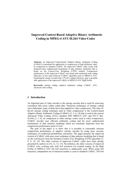 Improved Context-Based Adaptive Binary Arithmetic Coding in MPEG-4 AVC/H.264 Video Codec