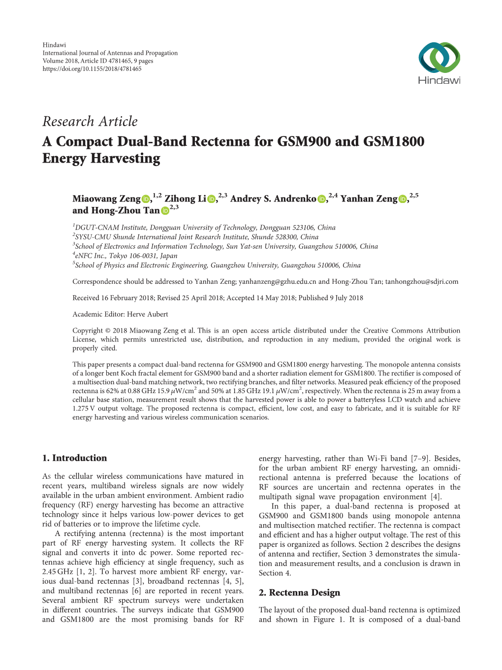 Research Article a Compact Dual-Band Rectenna for GSM900 and GSM1800 Energy Harvesting