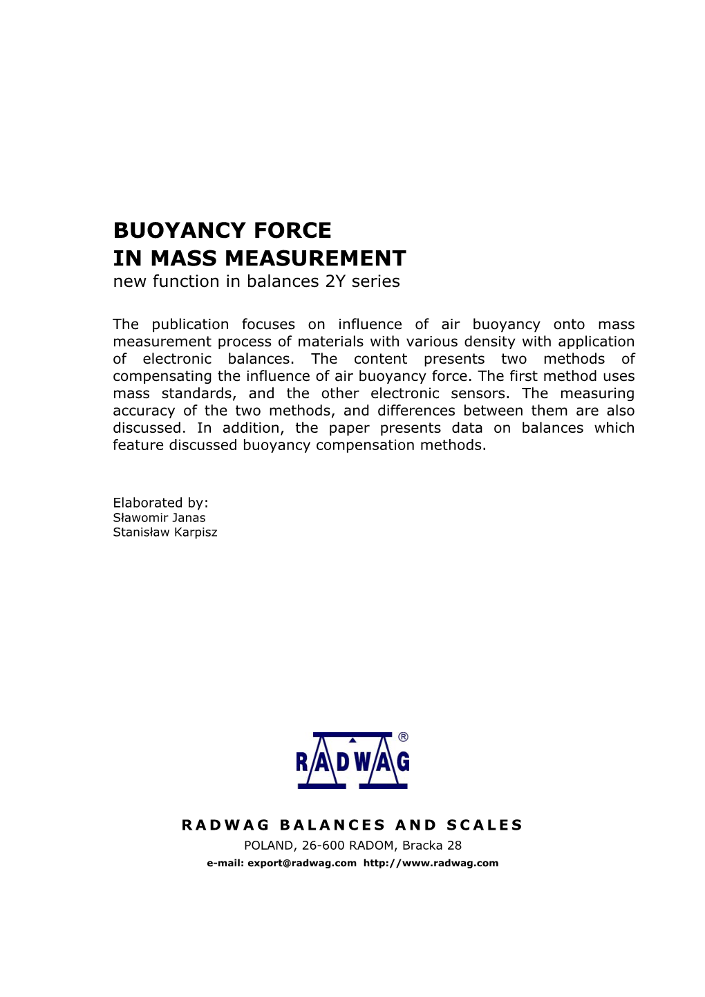 BUOYANCY FORCE in MASS MEASUREMENT New Function in Balances 2Y Series
