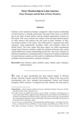 Party Membership in Latin America Party Strategies and the Role of Party Members