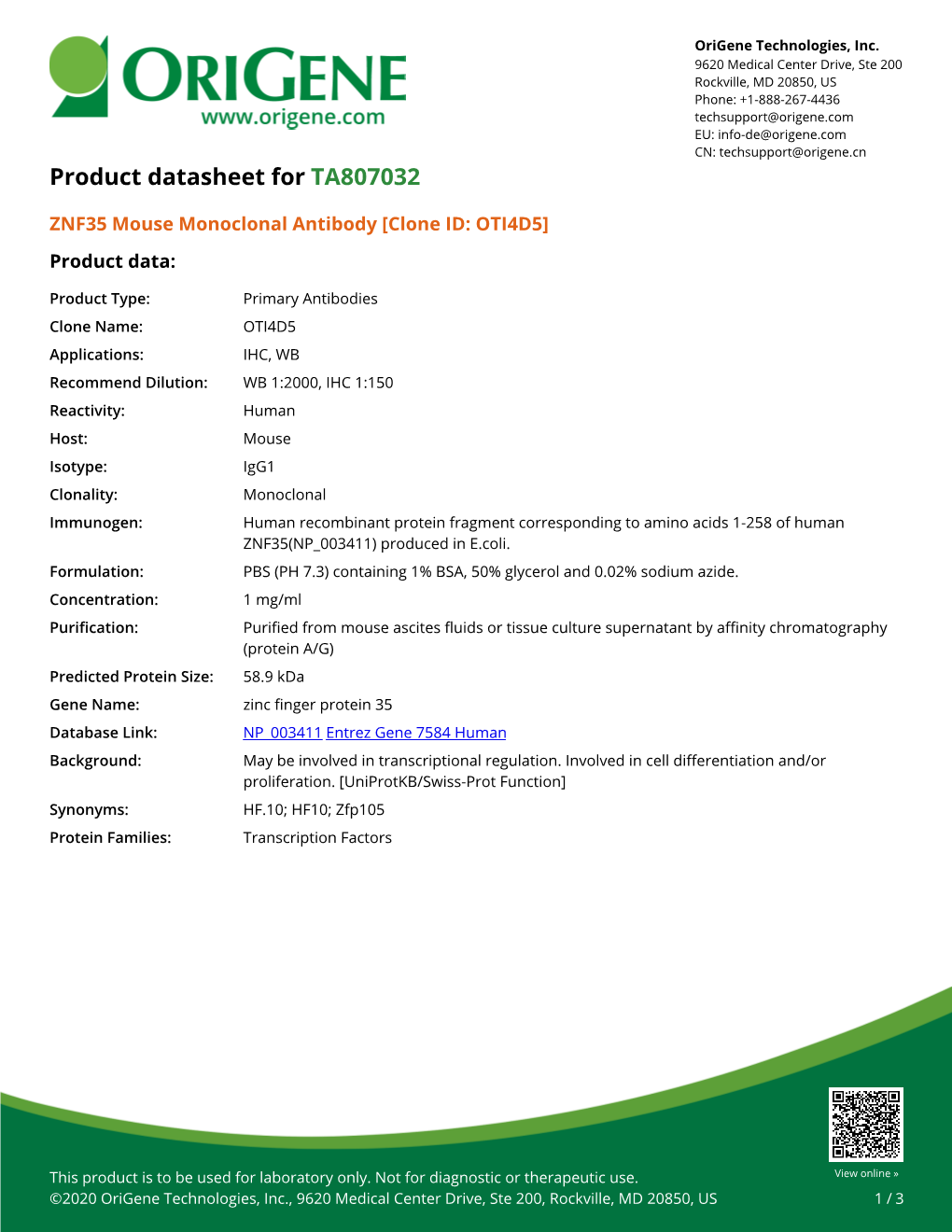 ZNF35 Mouse Monoclonal Antibody [Clone ID: OTI4D5] – TA807032