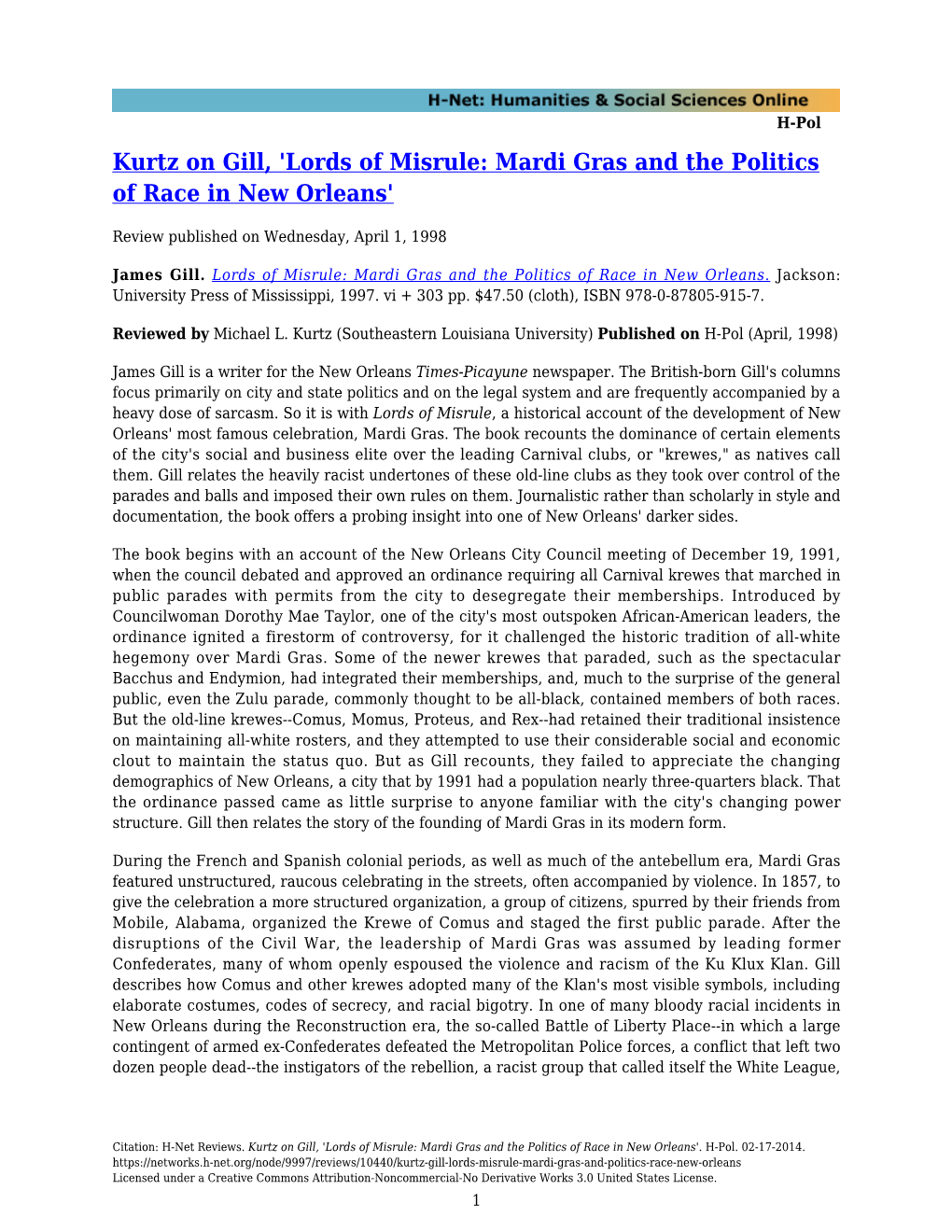 Kurtz on Gill, 'Lords of Misrule: Mardi Gras and the Politics of Race in New Orleans'