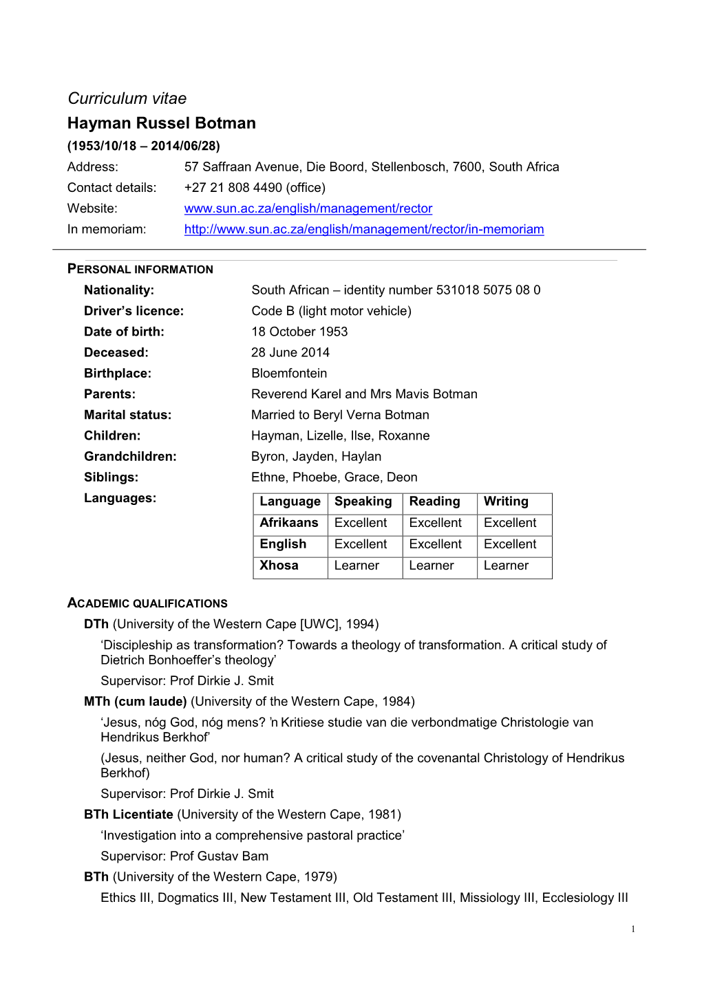 Curriculum Vitae Hayman Russel Botman