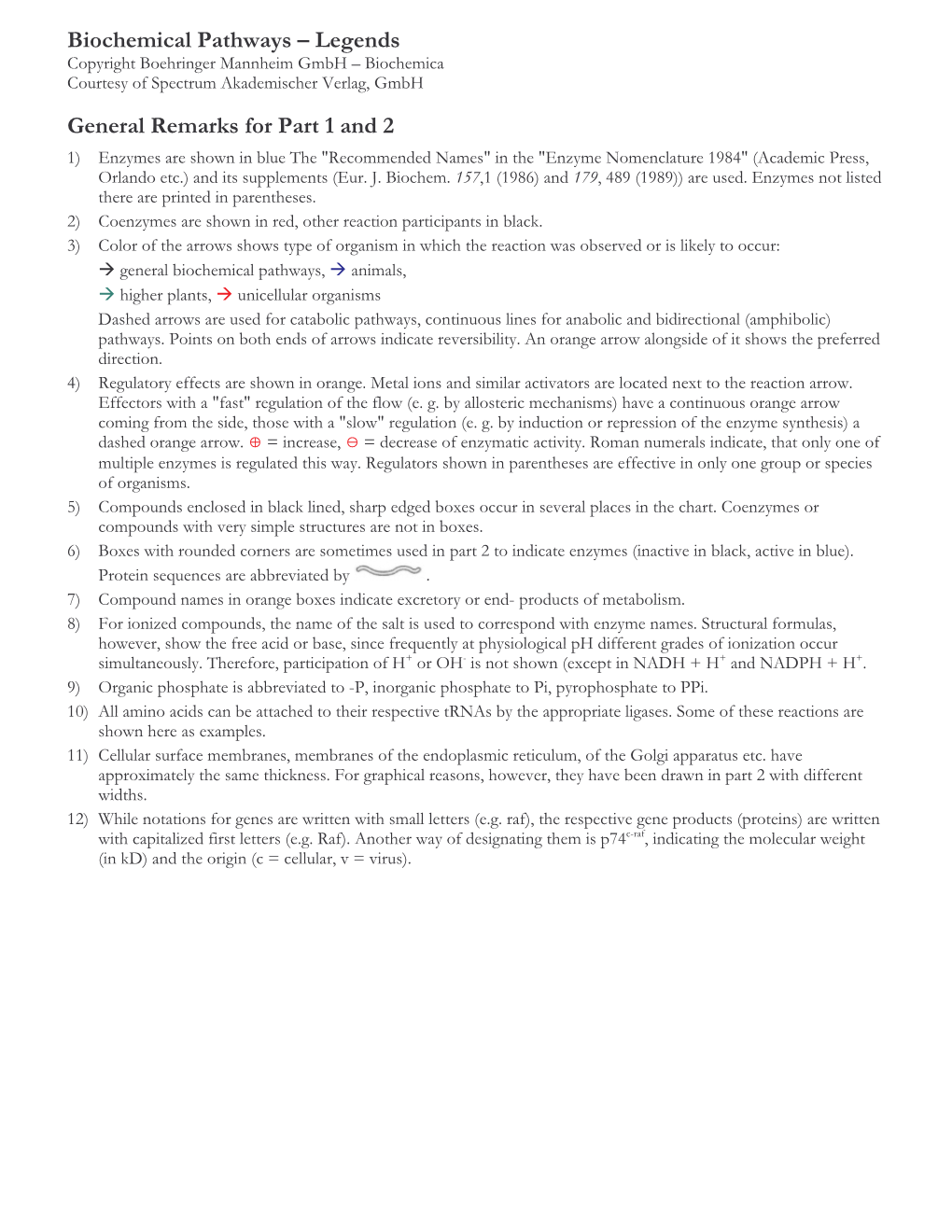 Biochemical Pathways – Legends General Remarks for Part 1 and 2