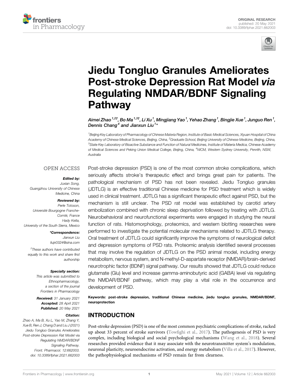 Jiedu Tongluo Granules Ameliorates Post-Stroke Depression Rat Model Via Regulating NMDAR/BDNF Signaling Pathway