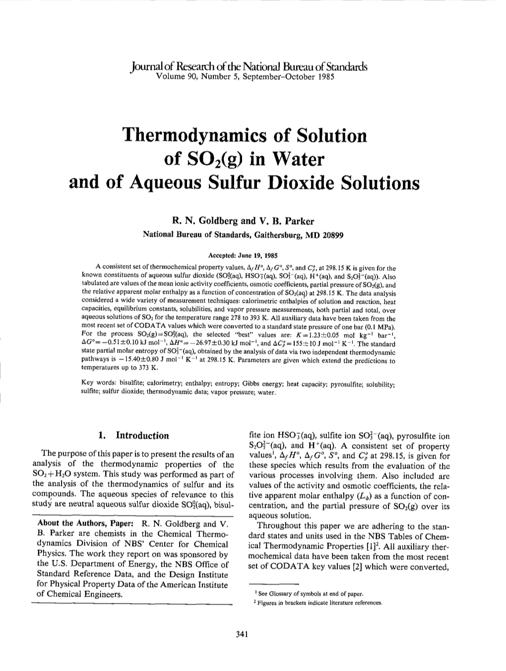 Thermodynamics of Solution of SO2(G) in Water and of Aqueous