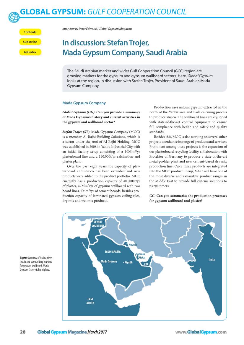 Global Gypsum Magazine Contents Subscribe in Discussion: Stefan Trojer, Ad Index Mada Gypsum Company, Saudi Arabia