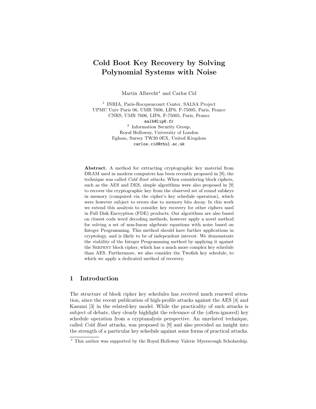 Cold Boot Key Recovery by Solving Polynomial Systems with Noise