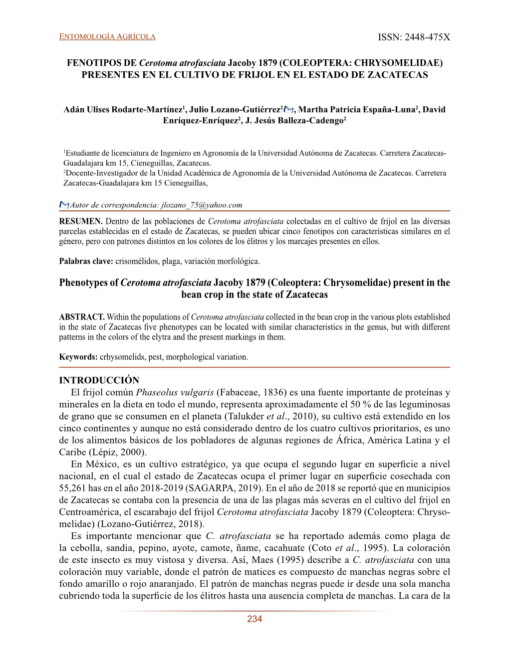 Phenotypes of Cerotoma Atrofasciata Jacoby 1879 (Coleoptera: Chrysomelidae) Present in the Bean Crop in the State of Zacatecas