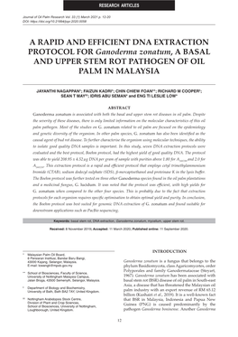 A RAPID and EFFICIENT DNA EXTRACTION PROTOCOL for Ganoderma Zonatum, a BASAL and UPPER STEM ROT PATHOGEN of OIL PALM in MALAYSIA