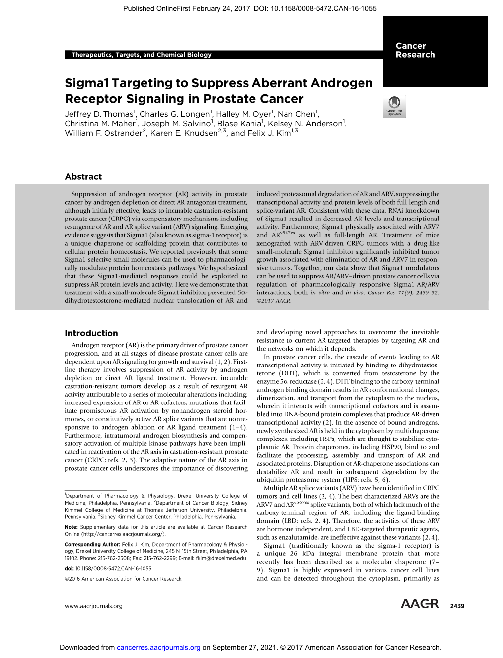 Sigma1 Targeting to Suppress Aberrant Androgen Receptor Signaling in Prostate Cancer Jeffrey D