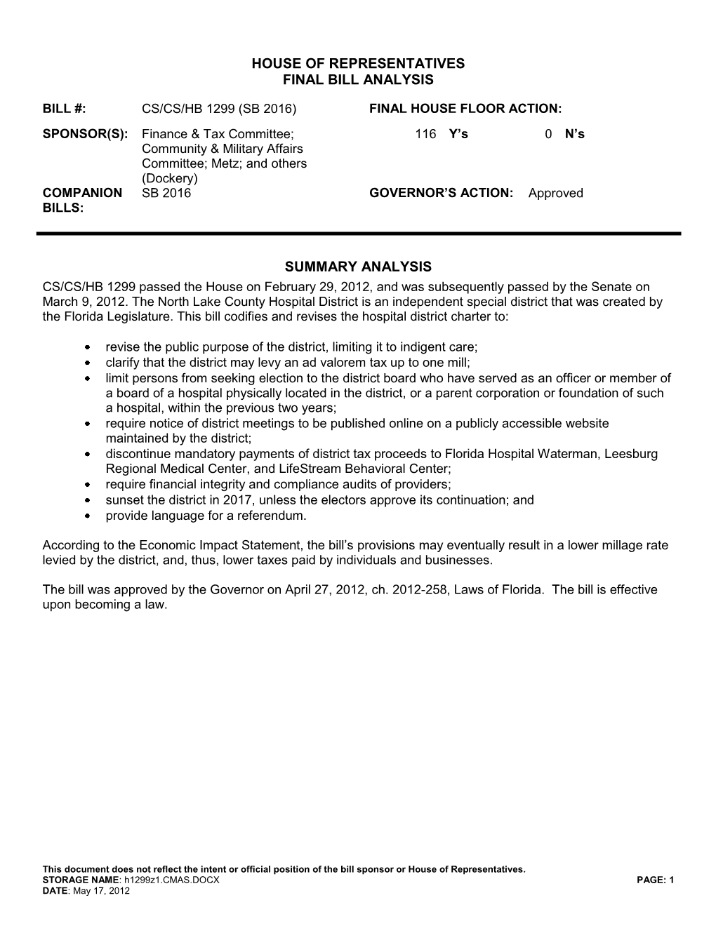 House of Representatives Final Bill Analysis Summary Analysis