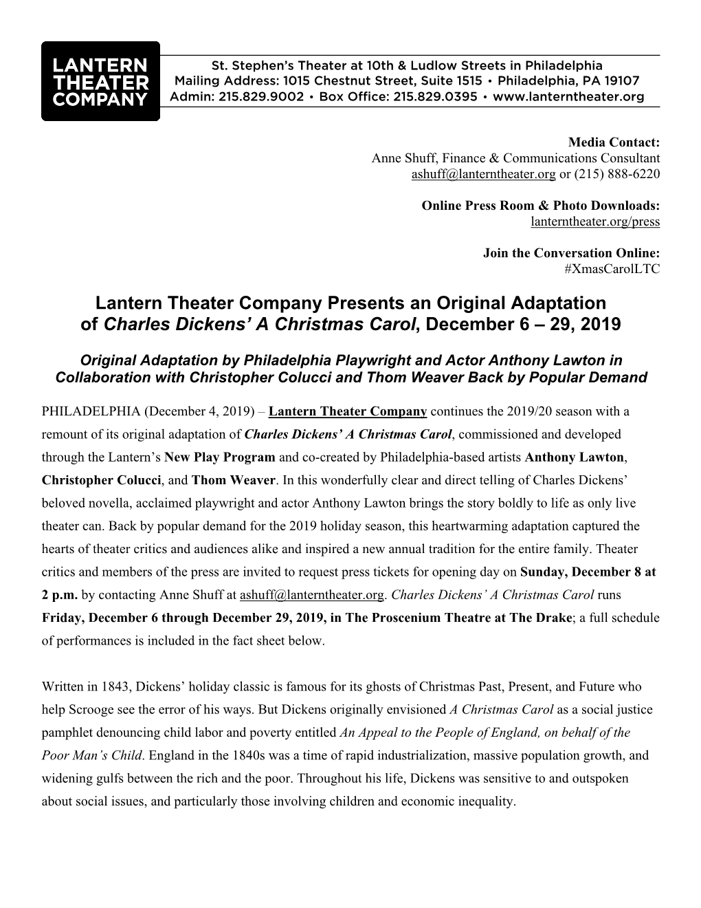 Lantern Theater Company Presents an Original Adaptation of Charles Dickens’ a Christmas Carol, December 6 – 29, 2019