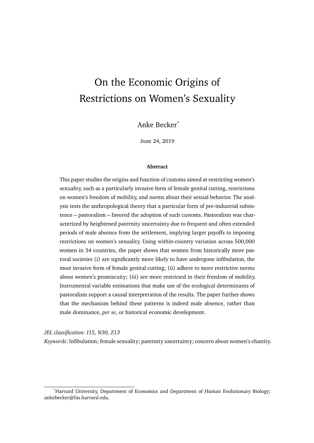 On the Economic Origins of Restrictions on Women's Sexuality