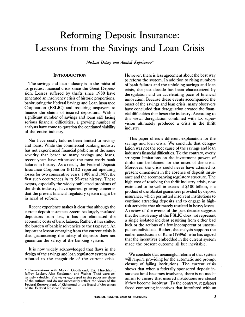 Reforming Deposit Insurance: Lessons from the Savings and Loan Crisis