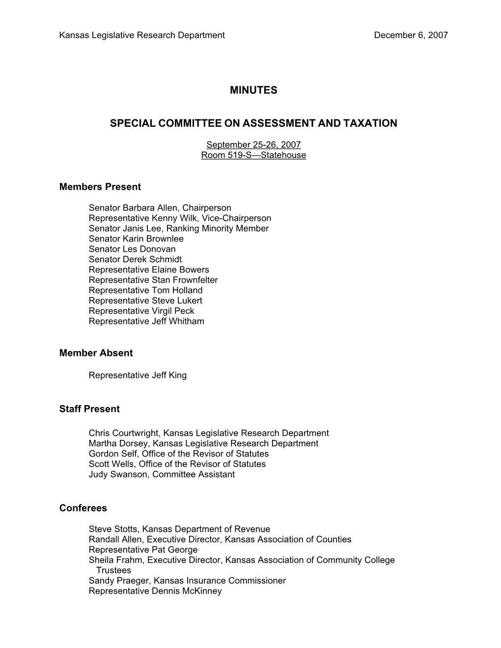 Minutes Special Committee On