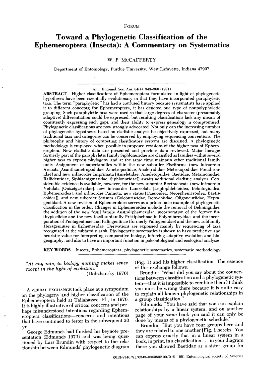 Toward a Phylogenetic Classification of the Ephemeroptera (Lnsecta): a Commentary on Systematics