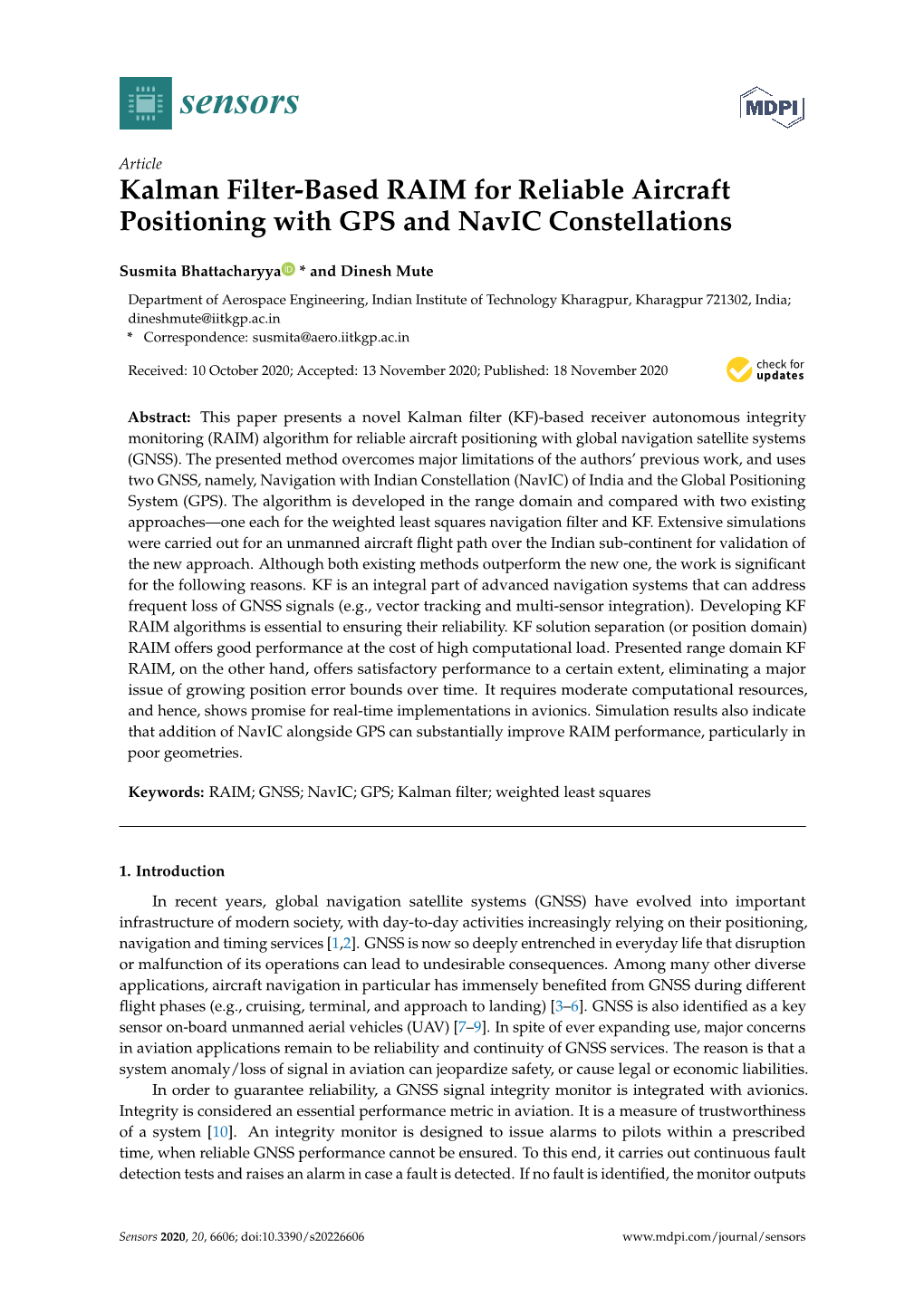 Kalman Filter-Based RAIM for Reliable Aircraft Positioning with GPS and Navic Constellations