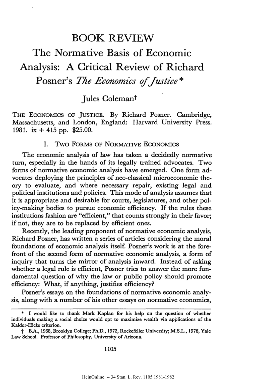 The Normative Basis of the Economic Analysis Of