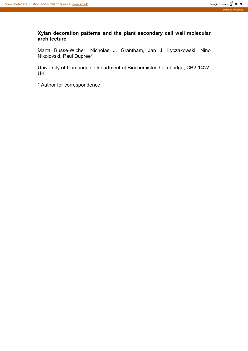 Xylan Decoration Patterns and the Plant Secondary Cell Wall Molecular Architecture