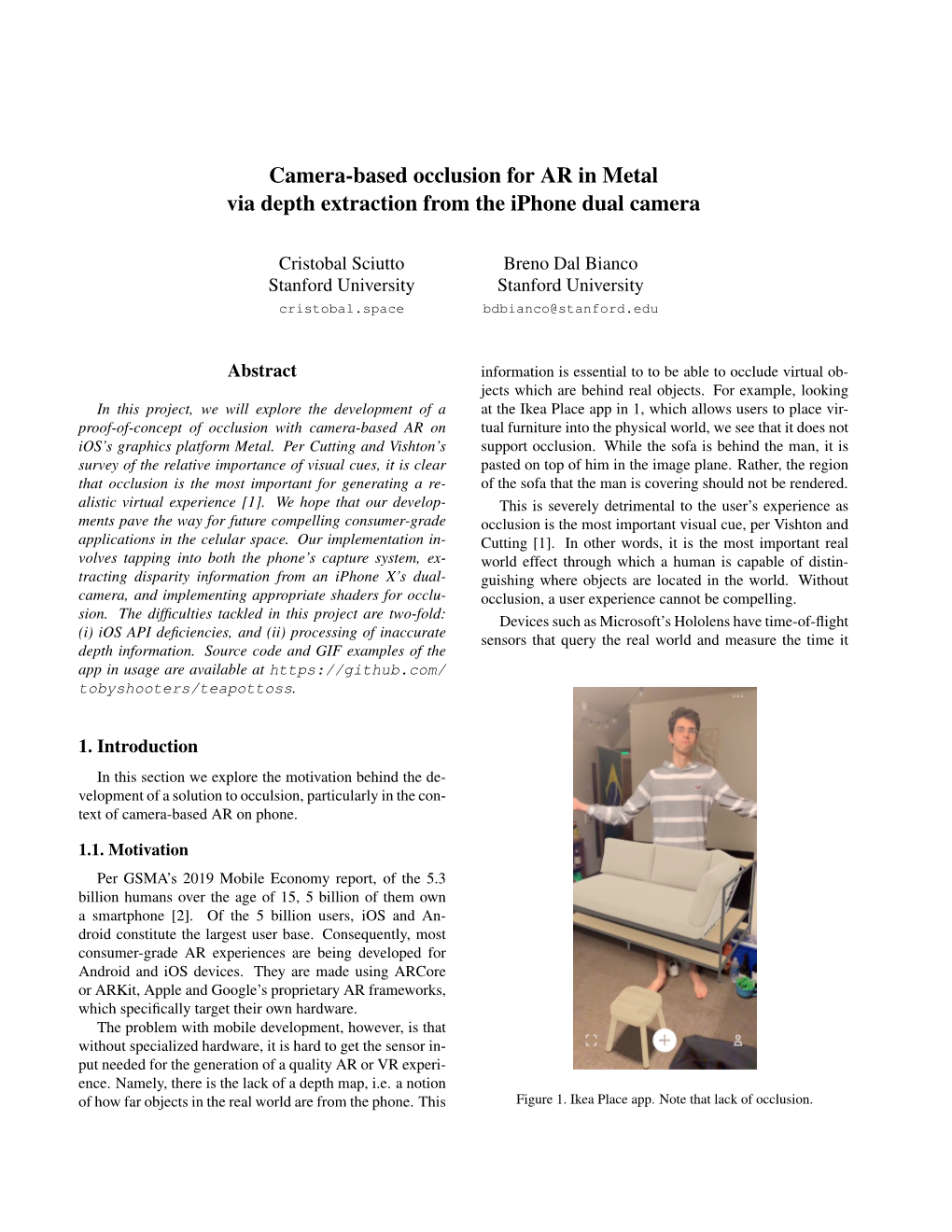 Camera-Based Occlusion for AR in Metal Via Depth Extraction from the Iphone Dual Camera