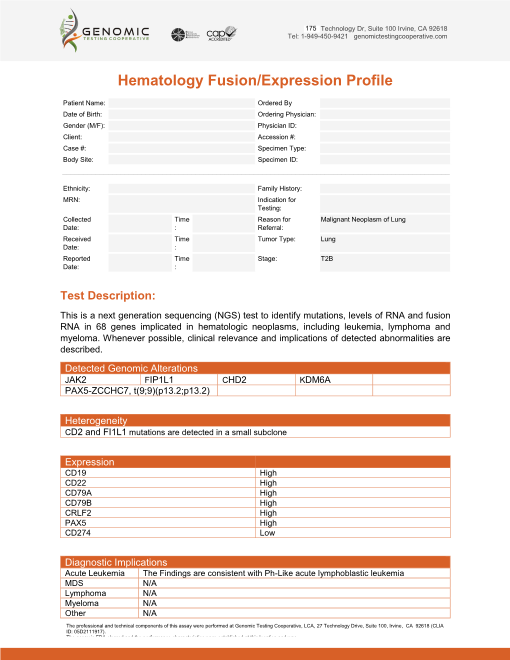 Sample Report for Hematology Fusion/Expression Profile