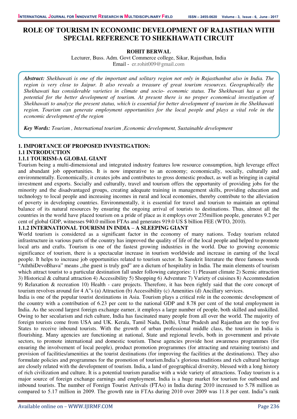 Role of Tourism in Economic Development of Rajasthan with Special Reference to Shekhawati Circuit