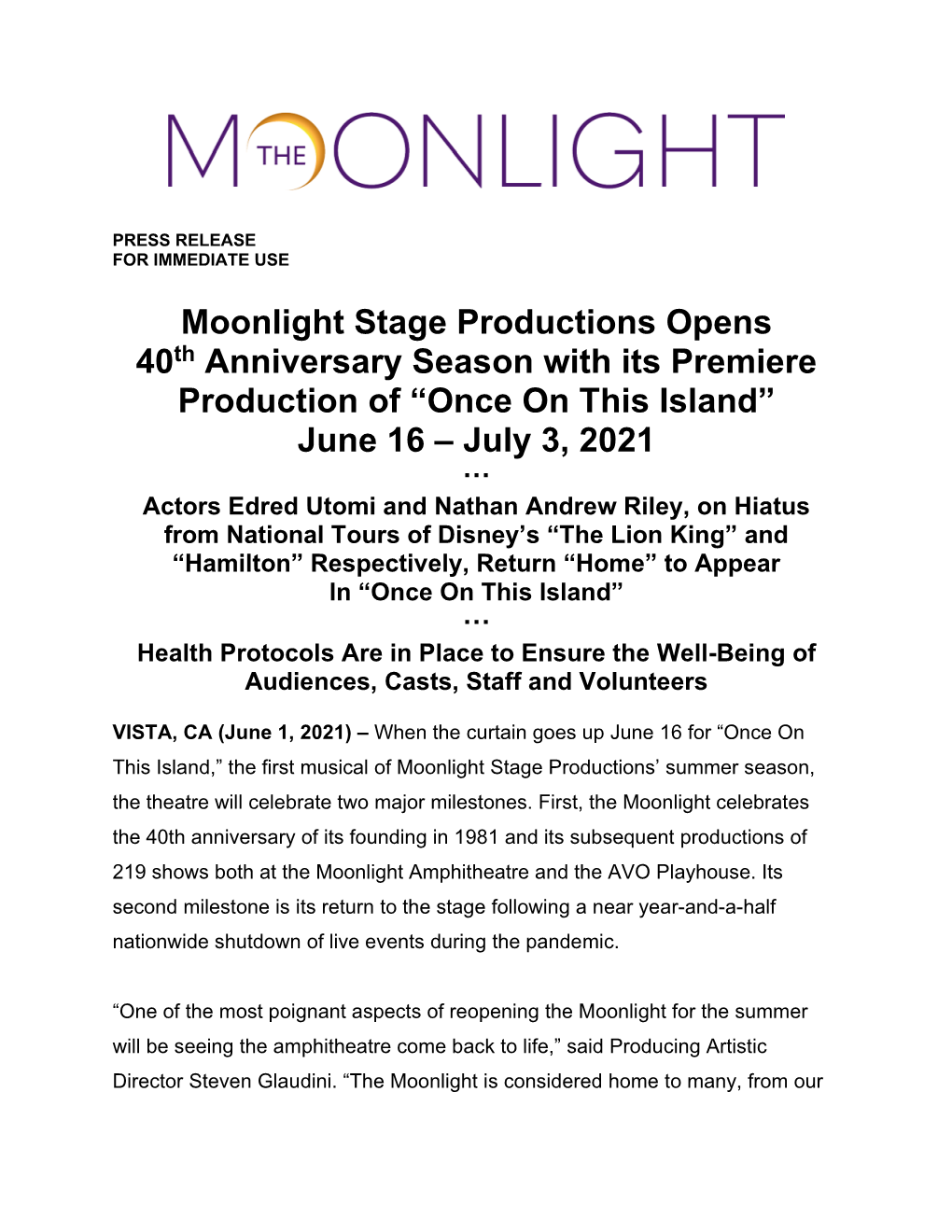 Moonlight Stage Productions Opens 40Th Anniversary Season with Its Premiere Production Of