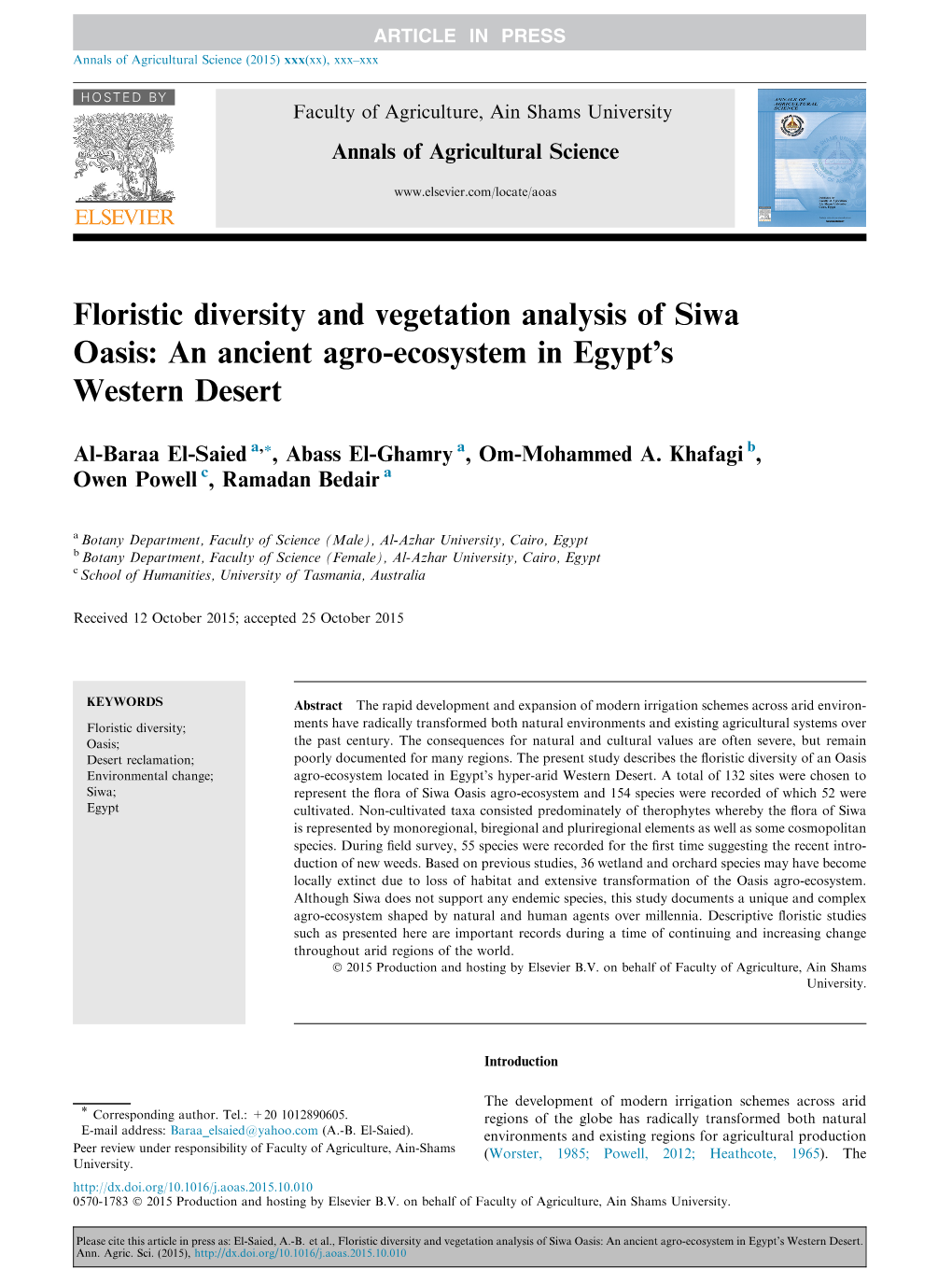 Floristic Diversity and Vegetation Analysis of Siwa Oasis: an Ancient Agro-Ecosystem in Egyptâ€™S Western Desert