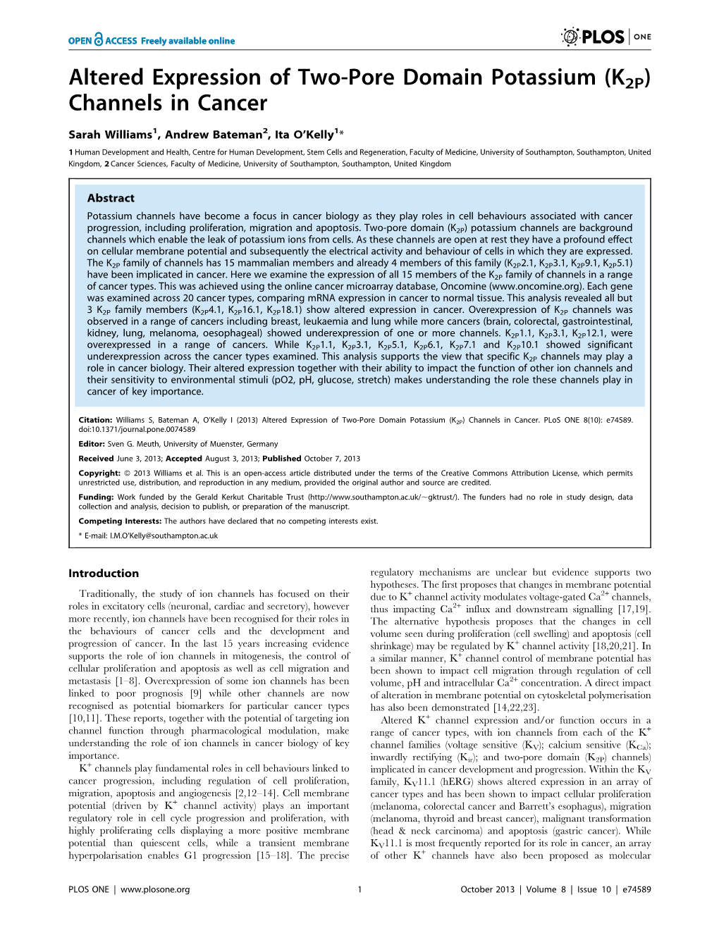 (K2P) Channels in Cancer