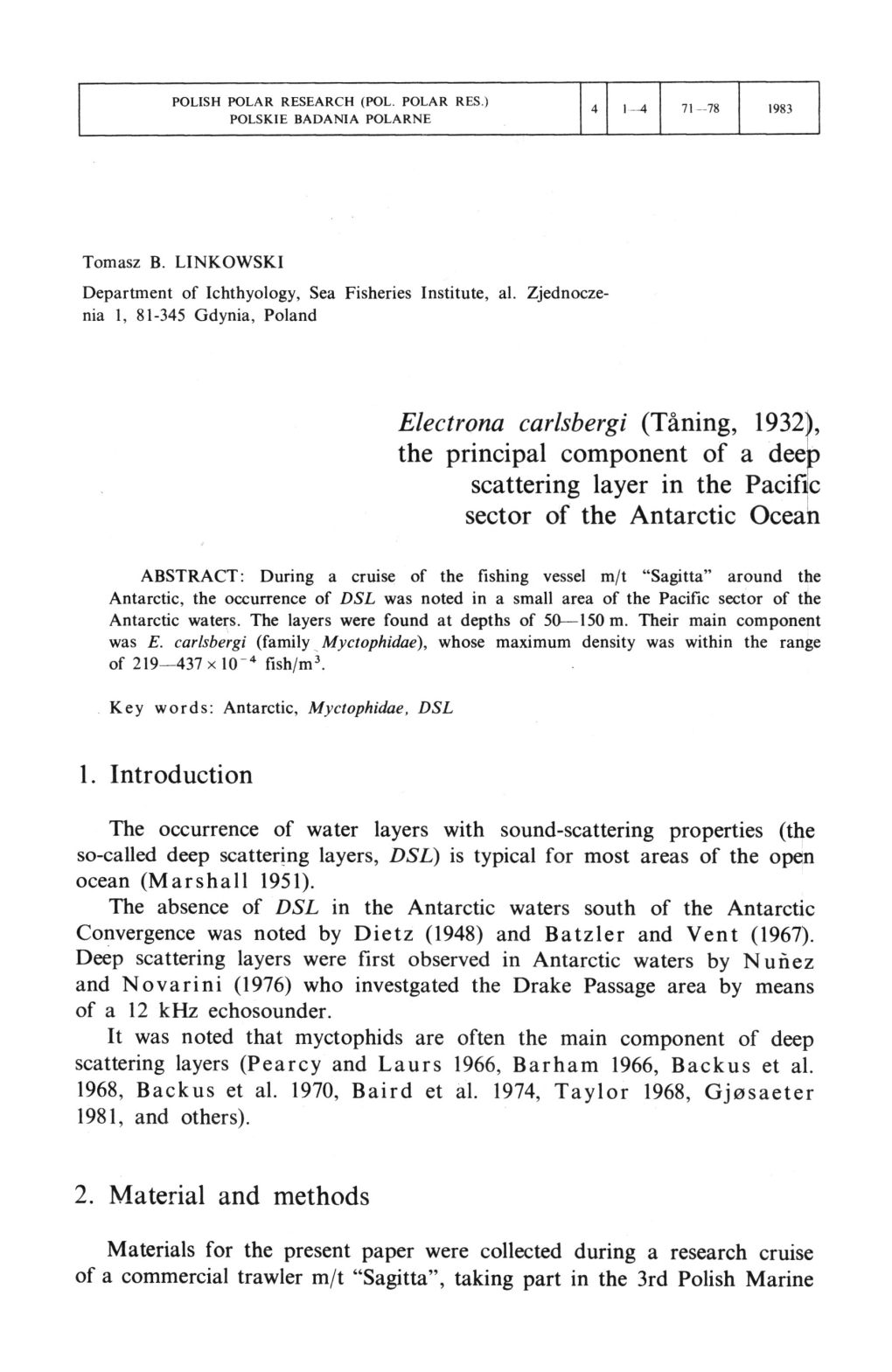 Electrona Carlsbergi (Taning, 1932), the Principal Component of a Deep Scattering Layer in the Pacific Sector of the Antarctic Ocean