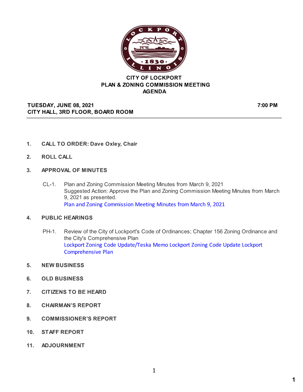 1 Plan and Zoning Commission Meeting Minutes from March 9, 2021 Lockport Zoning Code Update/Teska Memo Lockport Zoning Code Upda