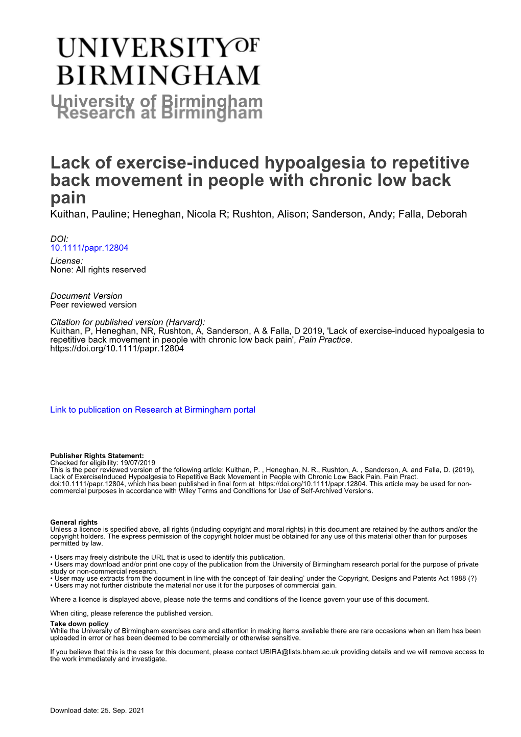 Lack of Exercise-Induced Hypoalgesia to Repetitive Back Movement in People with Chronic Low Back Pain