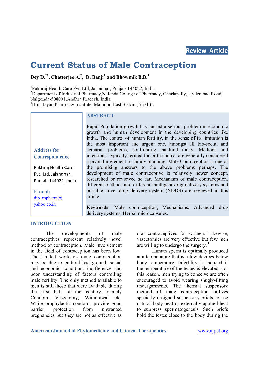 Current Status of Male Contraception Dey D